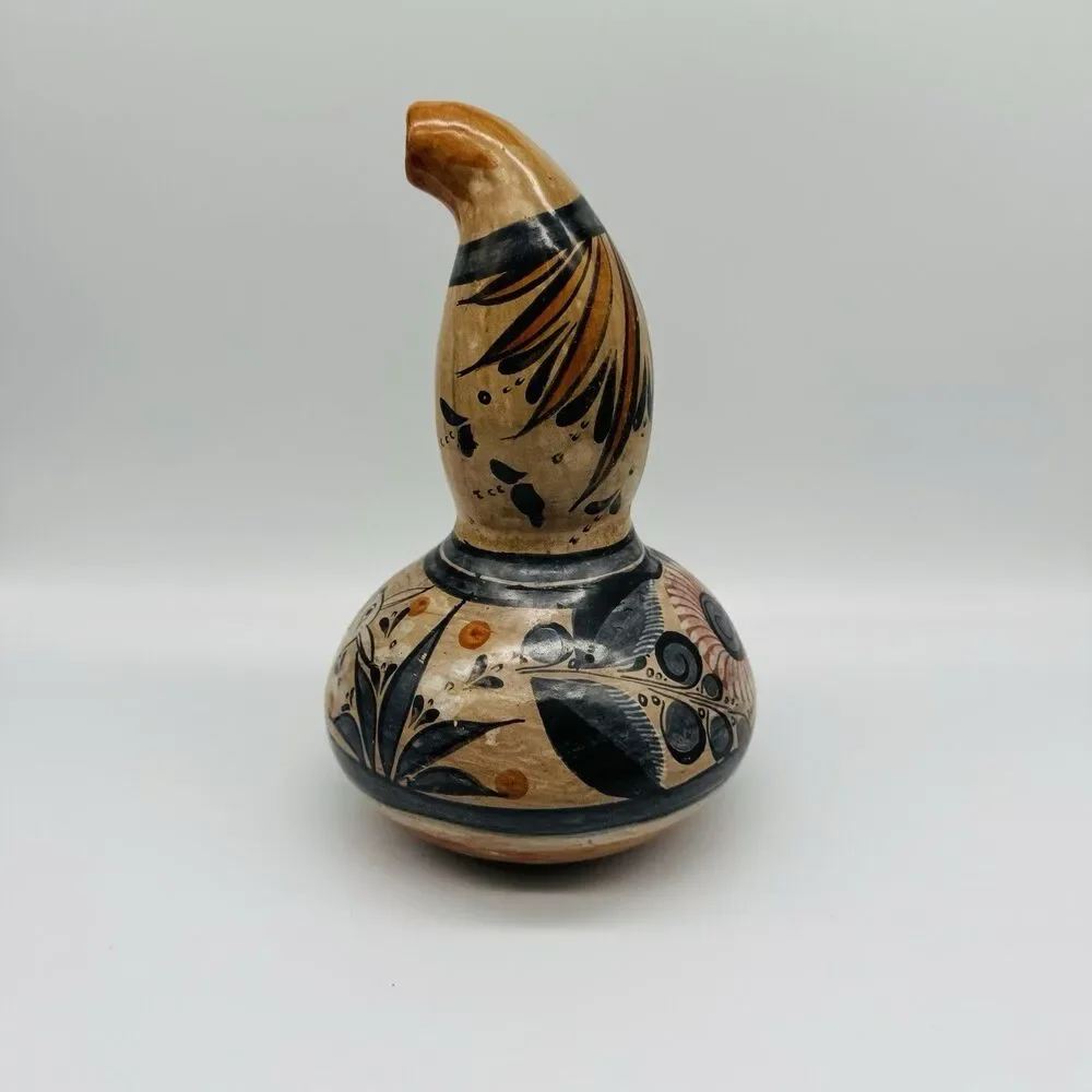 Vintage Tonala Mexican Folk Art Pottery Gourd Water Jug Burnished Clay Rabbit